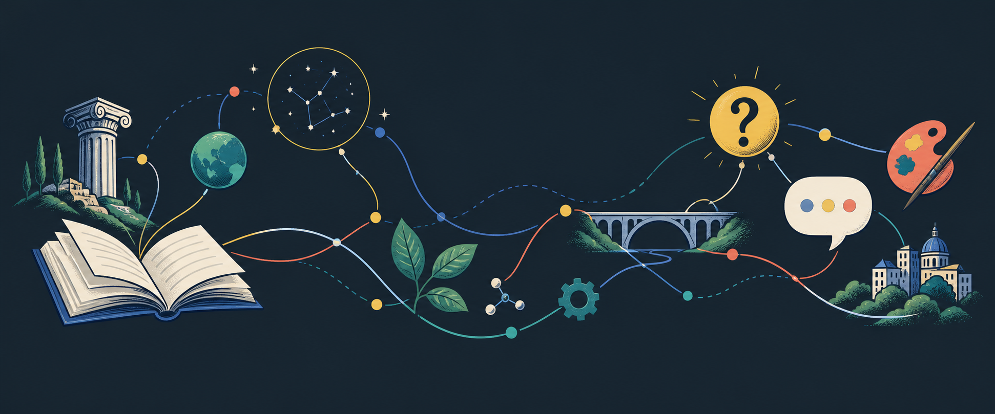 Illustrated network of a book, map, bridge, question mark, natural form, and speech bubble connected by colorful paths.