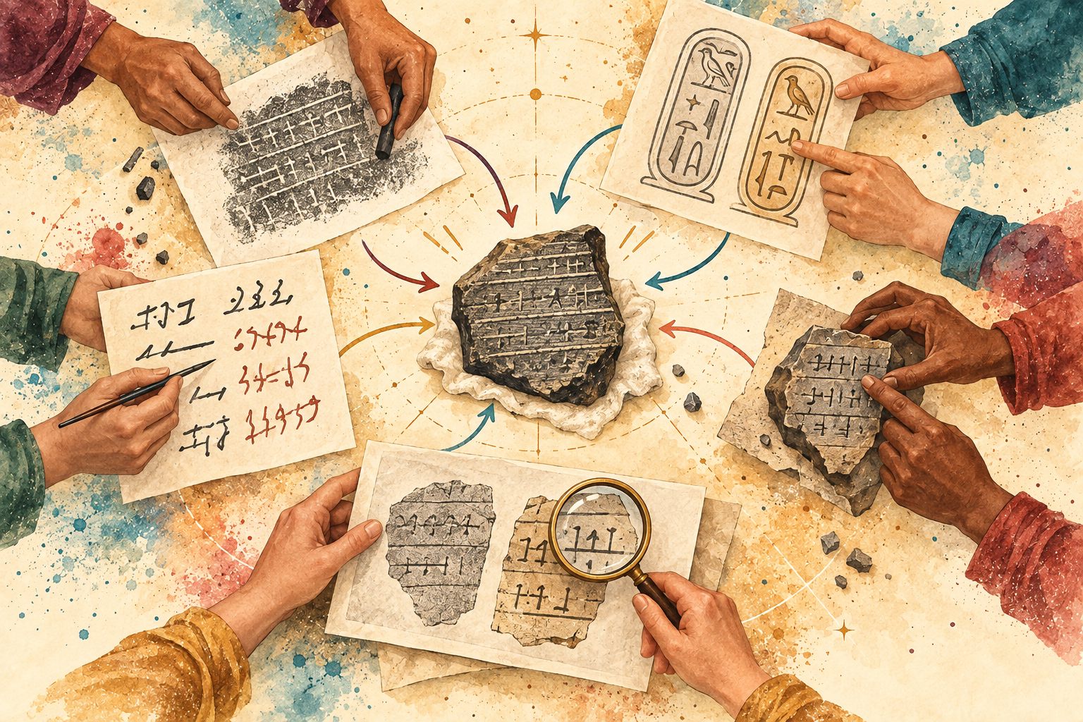 Illustration of several researchers’ hands contributing different evidence toward a central inscription, showing that decipherment depended on connected contributions rather than one person alone.
