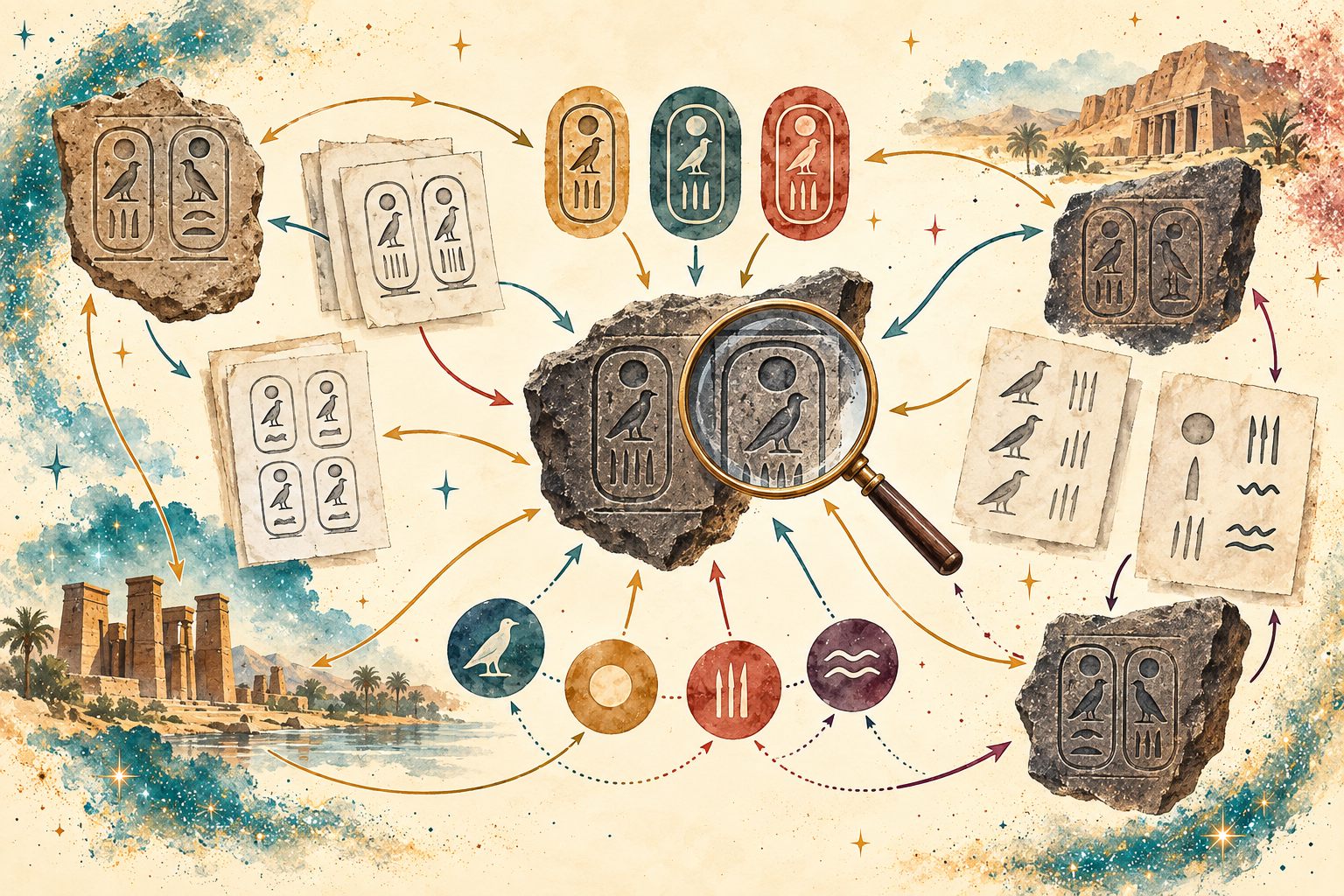 Network diagram showing how royal names, cartouches, Coptic, Demotic research, copies, phonetic readings, and comparison with other inscriptions contributed to decipherment.