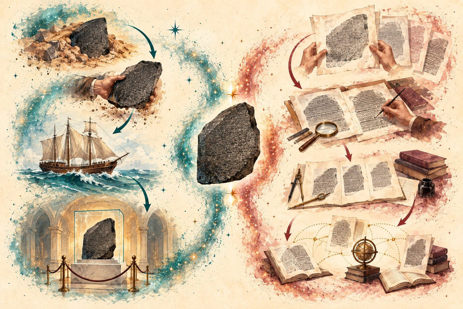Split-path diagram showing the Rosetta Stone’s physical movement separately from the circulation of copies and casts used by scholars.