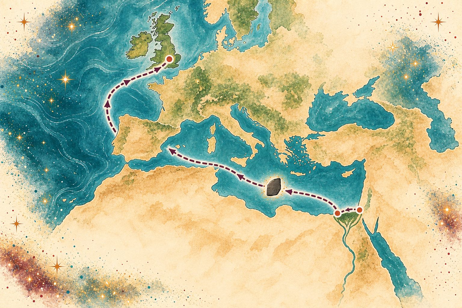 Map-style illustration tracing the Rosetta Stone’s documented route from the Rashid area in Egypt to Alexandria and then to England.