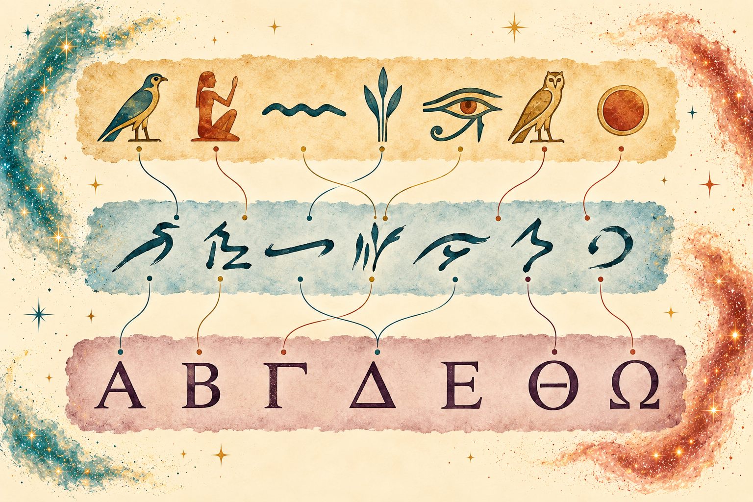 Diagram showing that the Rosetta Stone contains three scripts representing two languages: hieroglyphic and Demotic for Egyptian, and Greek writing for Ancient Greek.