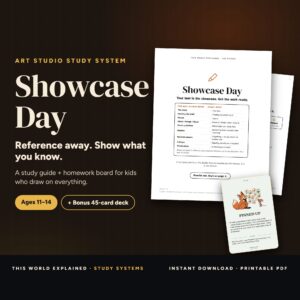 Cover of Showcase Day, a art studio test prep study guide, with The Studio Wall homework board and bonus Mehtivation card deck, for kids ages 11 to 14.