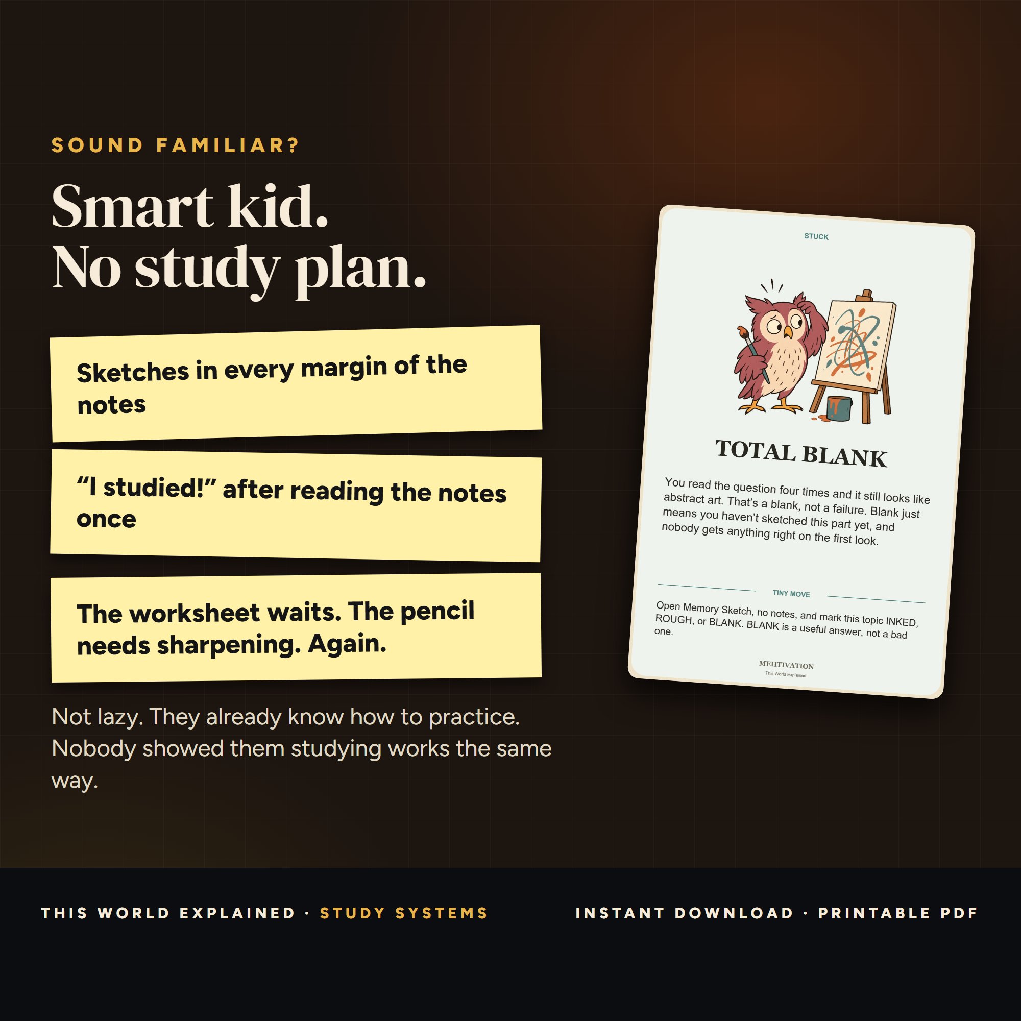 Sound familiar: Sketches in every margin of the notes; “I studied!” after reading the notes once; The worksheet waits. The pencil needs sharpening. Again.. A art studio study system for kids who don't have a study plan yet.