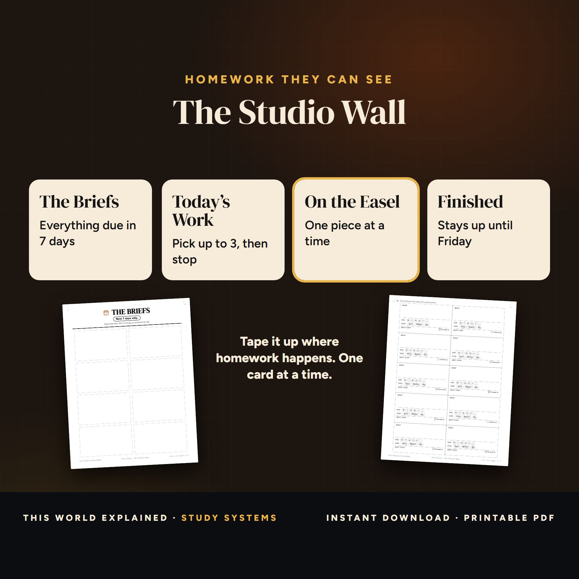The Studio Wall kanban homework board for the wall with The Briefs, Today’s Work, On the Easel, Finished columns.