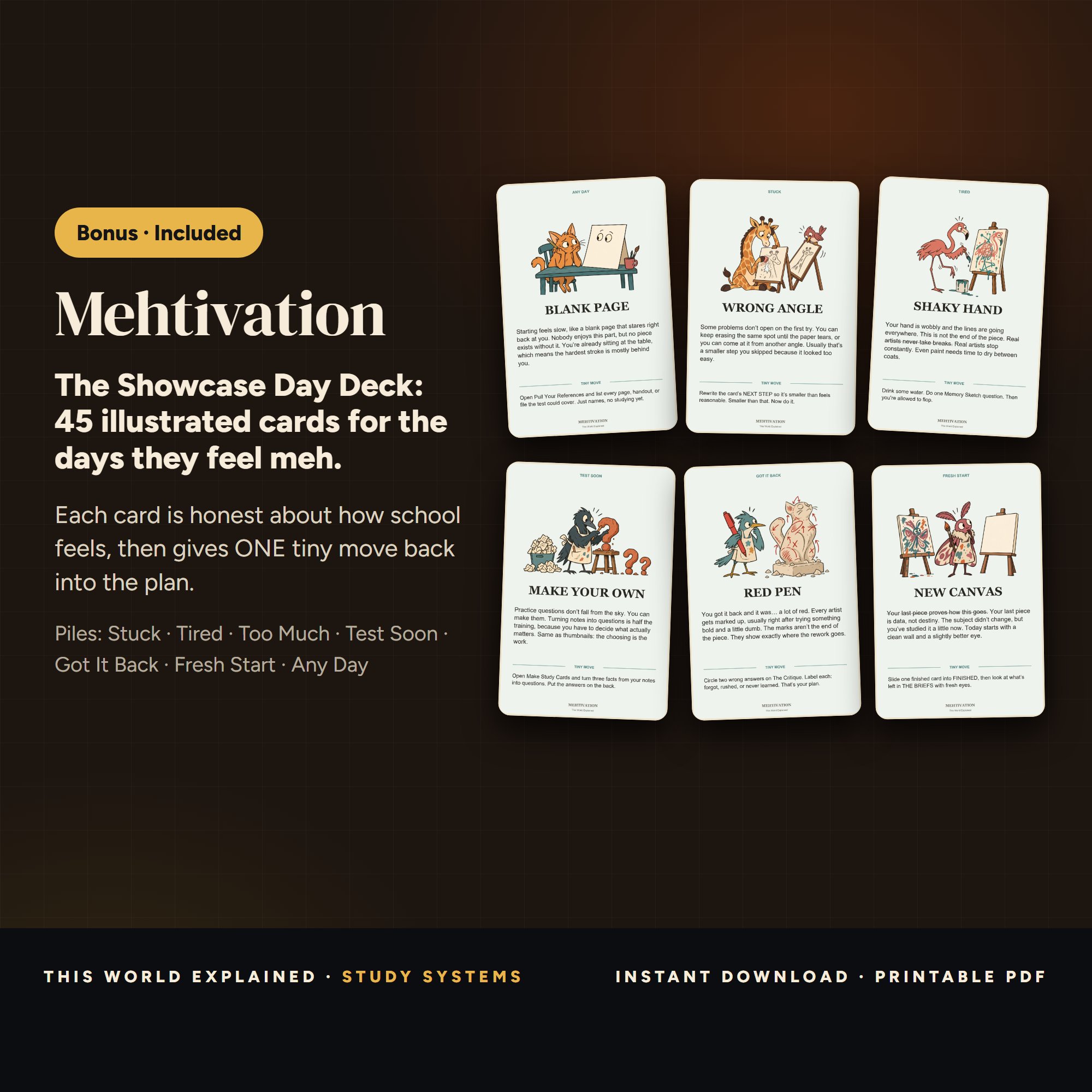 Bonus Mehtivation: The Showcase Day Deck, 45 illustrated printable pep-talk cards for kids who feel stuck, tired or overwhelmed by school.