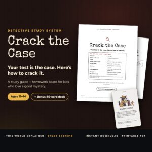 Cover of Crack the Case, a detective test prep study guide, with The Case Board homework board and bonus Mehtivation card deck, for kids ages 11 to 14.