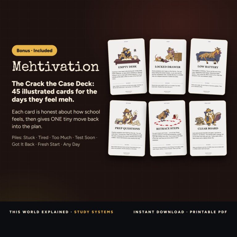 Mehtivation The Crack the Case Deck: illustrated pep-talk cards included in the Detective & Mystery bundle
