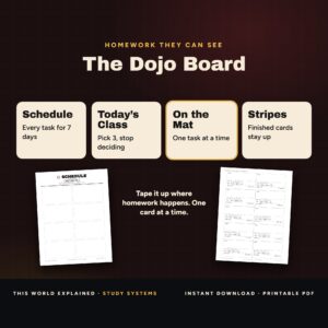 The Dojo Board kanban homework board for the wall with Schedule, Today’s Class, On the Mat, Stripes columns.