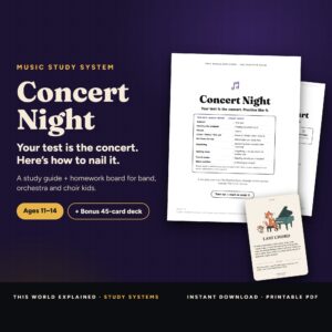 Cover of Concert Night, a music test prep study guide, with The Practice Chart homework board and bonus Mehtivation card deck, for kids ages 11 to 14.