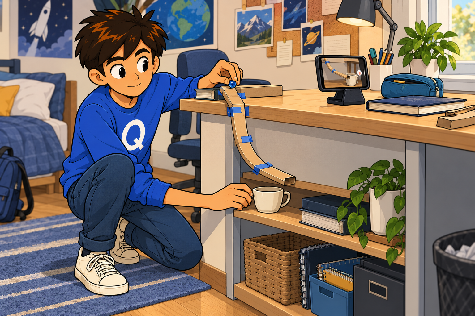 Quinn crouches beside his desk, setting the cup on the lower shelf while a phone on the cleared desktop frames the downhill track.