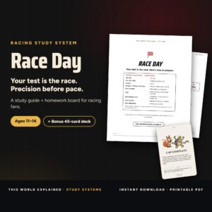 Cover of Race Day, a racing test prep study guide, with The Pit Board homework board and bonus Mehtivation card deck, for kids ages 11 to 14.