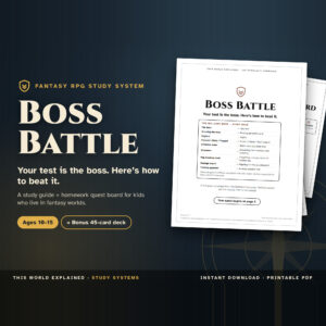 Boss Battle fantasy RPG study guide and Quest Board homework planner printable for kids ages 10 to 15, with bonus card deck.