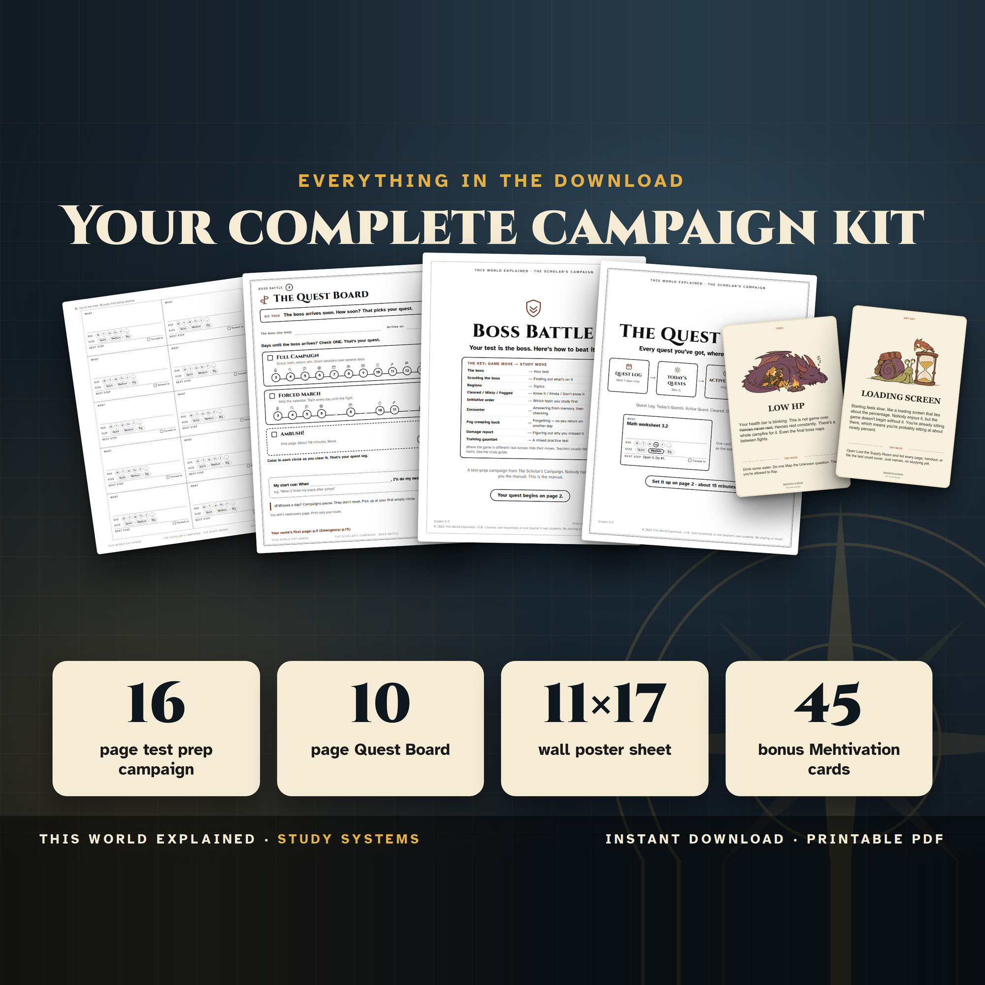 Everything included: 16-page RPG test prep guide, 10-page homework quest board, 11x17 poster and 45 bonus illustrated motivation cards.