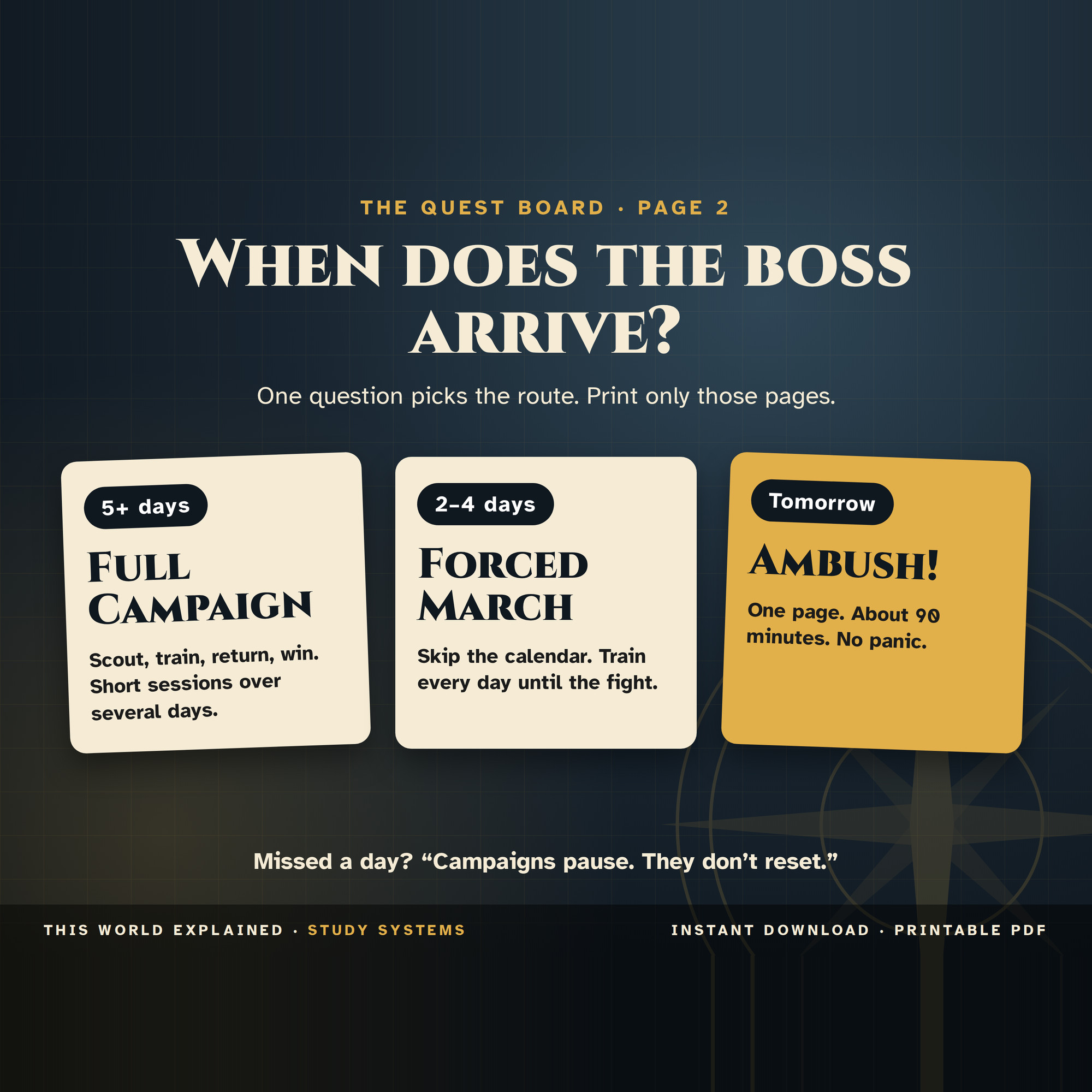 Three study routes for 5+ days, 2 to 4 days, or a test tomorrow, from the Boss Battle test prep printable.