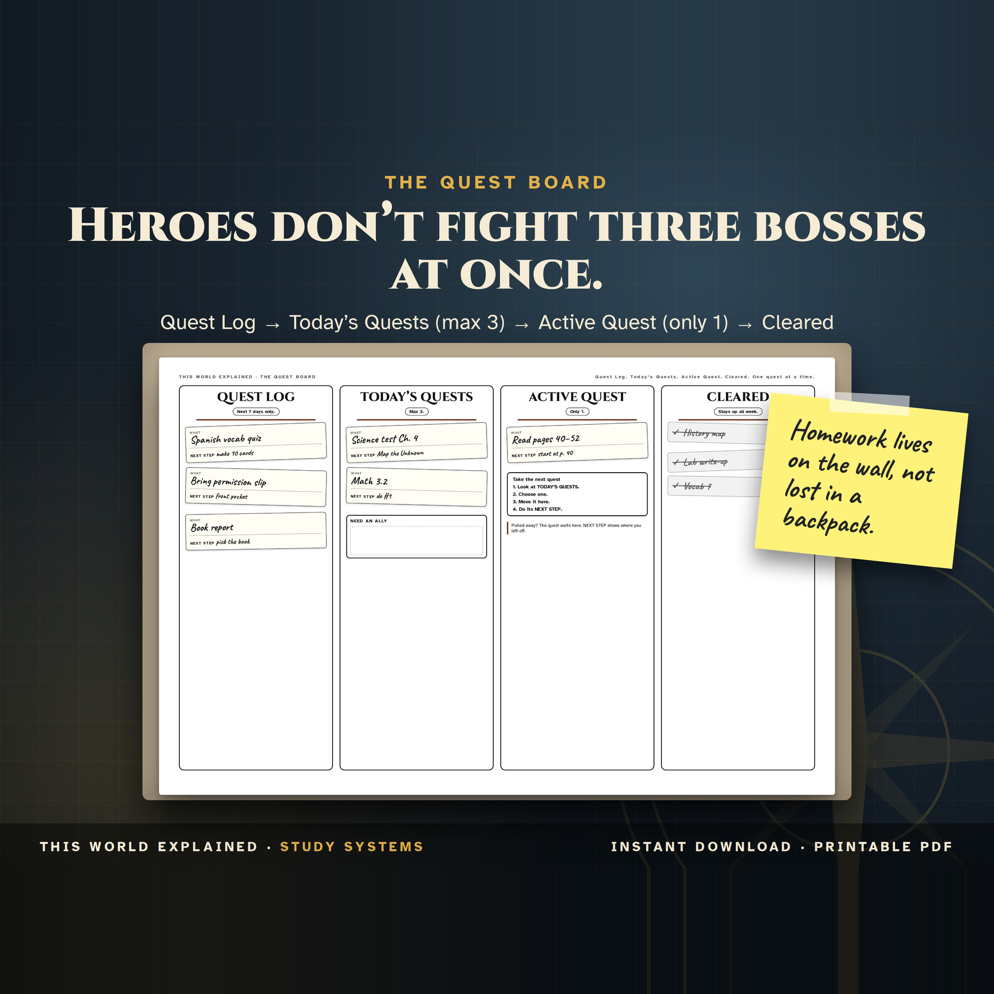 RPG kanban homework board on a wall with Quest Log, Today’s Quests, Active Quest and Cleared columns.