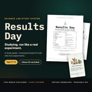 Cover of Results Day, a science lab test prep study guide, with The Lab Board homework board and bonus Mehtivation card deck, for kids ages 11 to 14.