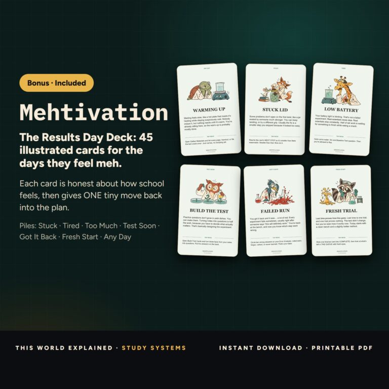 Mehtivation The Results Day Deck: illustrated pep-talk cards included in the Science Lab bundle