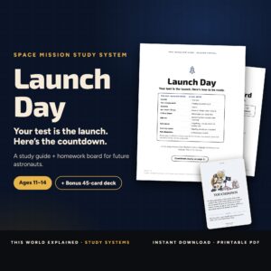 Cover of Launch Day, a space mission test prep study guide, with The Mission Board homework board and bonus Mehtivation card deck, for kids ages 11 to 14.