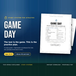 Game Day sports study guide and homework board printable for student athletes ages 10 to 15, any sport, with bonus card deck.