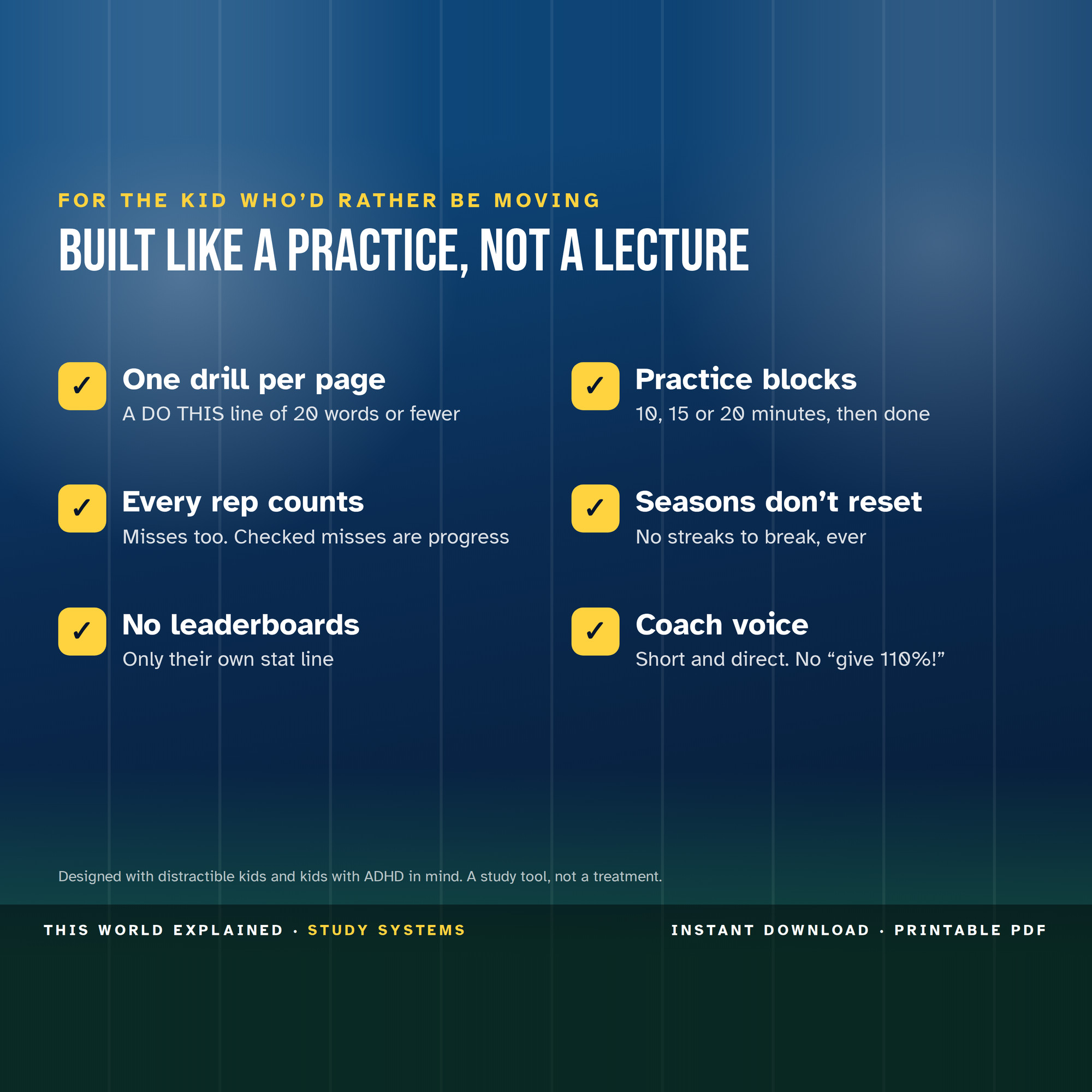 ADHD friendly study planner for athletes: one drill per page, short practice blocks, no streaks or leaderboards.
