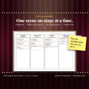 Theater kanban homework board on a wall with Callboard, Today’s Call, On Stage and Curtain Call columns.