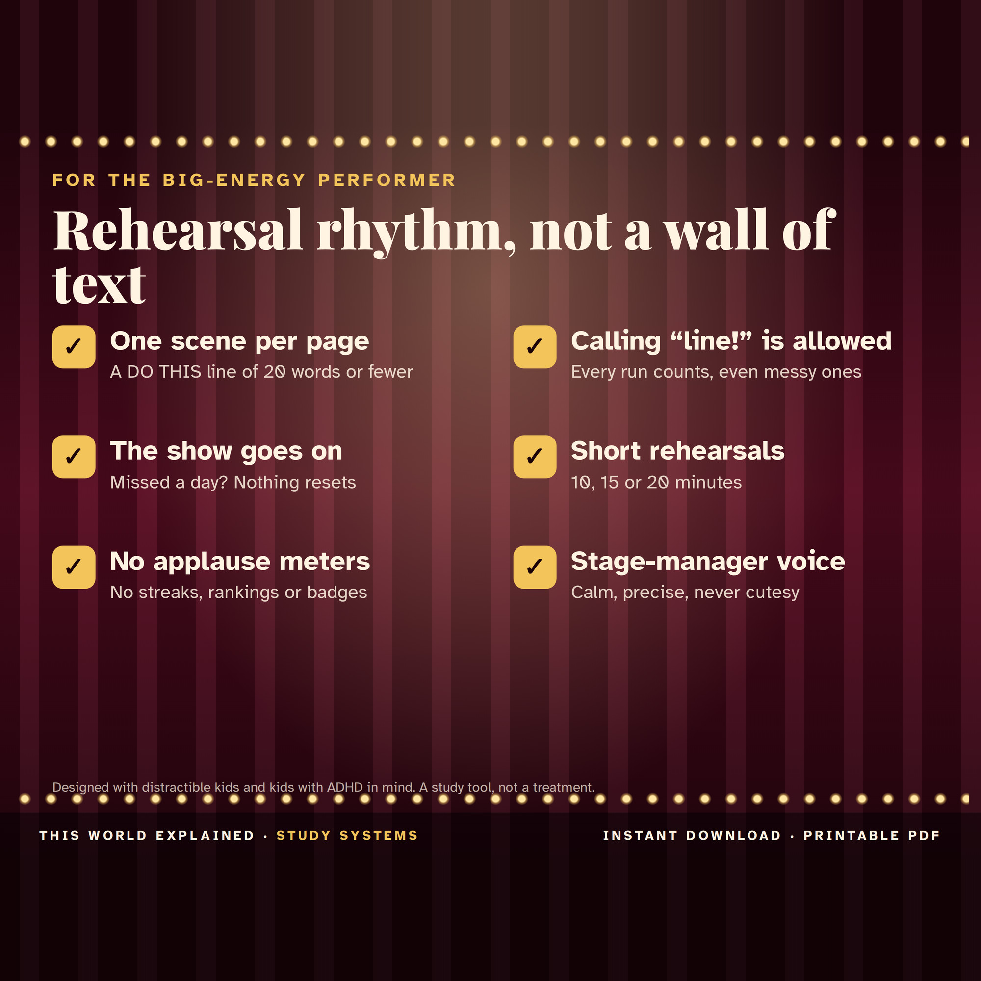 ADHD friendly study planner for performers: one scene per page, short rehearsals, nothing resets after a missed day.
