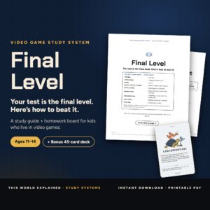 Cover of Final Level, a video game test prep study guide, with The Level Select homework board and bonus Mehtivation card deck, for kids ages 11 to 14.
